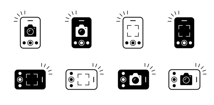 Smartphone camera taking photo vector icon set. Mobile phone camera flash, focus frame, vertical portrait, and horizontal landscape mode symbols in line art and solid black styles.