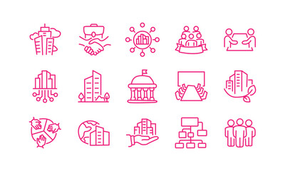 Obraz premium Corporate business line icons set, 15 pink outline icons for company management, professional office and teamwork vector symbols