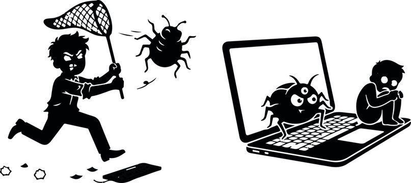 A black and white cartoon illustration depicting a person chasing a computer bug with a net and another person struggling with a laptop virus infection