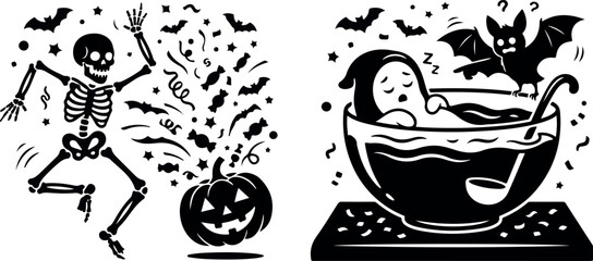 Naklejka premium A whimsical black and white illustration featuring a dancing skeleton near a jack o lantern and a cute ghost relaxing in a spooky bubbling cauldron