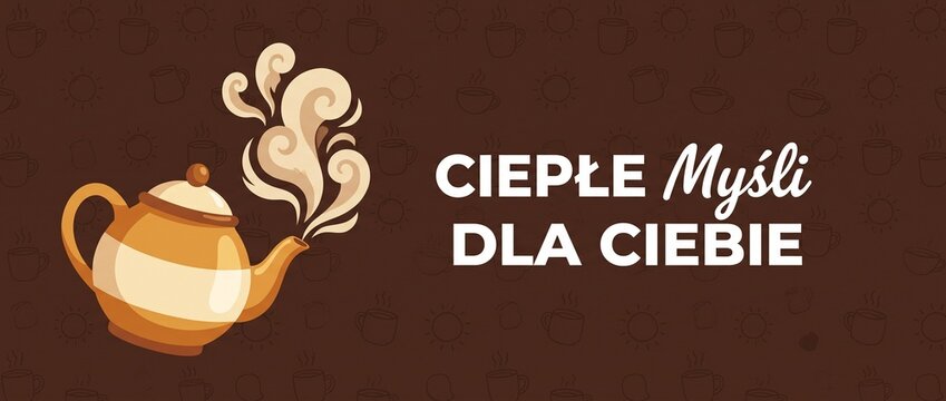 Hot tea teapot vector banner featuring steaming kettle with warm Polish quote Ciepłe Myśli dla Ciebie on brown background graphic design illustration for cozy autumn greetings cards and web headers.