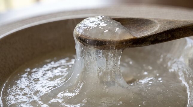 Detailed close-up of translucent papeda showing its distinctive elastic sago texture, created for culinary education, food publishing, cultural storytelling, and commercial design.