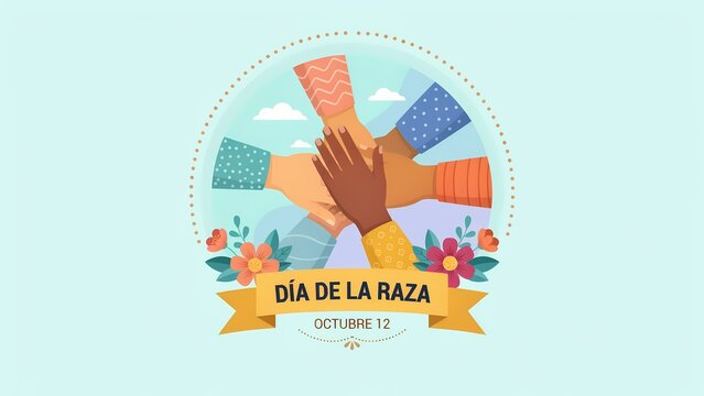 Diverse group of people stacking hands together for dia de la raza celebration with colorful flowers and ribbon banner