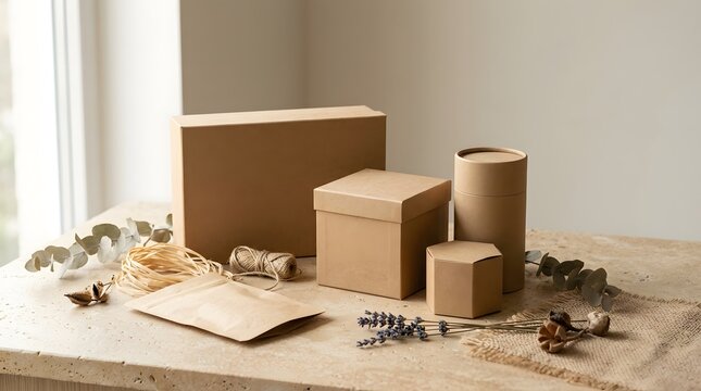 Assorted brown cardboard packaging boxes, cylindrical tube, and kraft paper pouch with twine and dried lavender sprigs on a stone table
