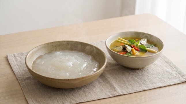 Traditional papeda made from sago served with yellow fish soup, photographed for Indonesian cuisine, tourism, restaurant advertising, cultural education, and food marketing.
