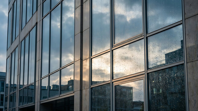 Reflective glass windows of a modern office building facade capturing sunset clouds