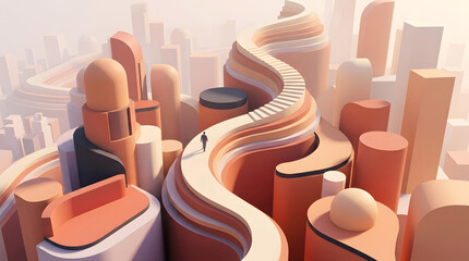 Obraz premium Abstract 3D Architectural Cityscape with Curved Pathway and Geometric Structures