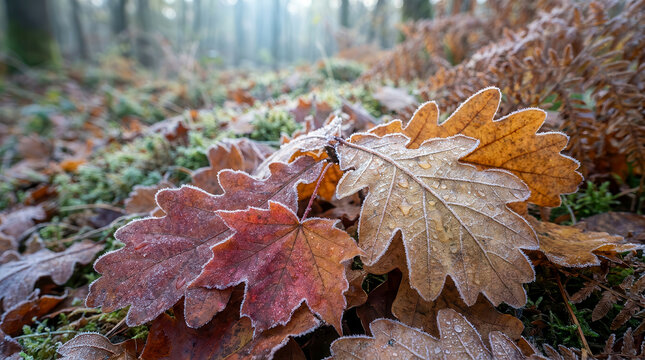 Fallen autumn oak and maple leaves covered with white frost on the forest floor