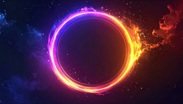 Abstract circular frame with fire and energy effects.
