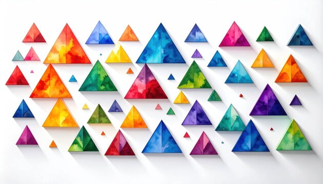 Abstract colorful geometric triangles pattern on white.