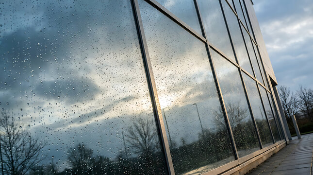Raindrops on the glass facade of a modern building with a cloudy sky reflected