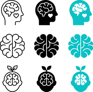 Set of icons featuring human heads with brains and leaves representing mental health and mindfulness concepts