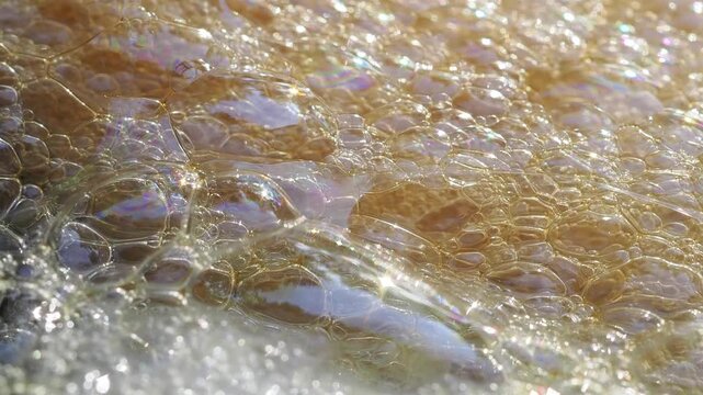 Cluster of yellowish-white foam floats on the dark water surface against the edge of a plastic container this is a frog egg mass or foam nest.