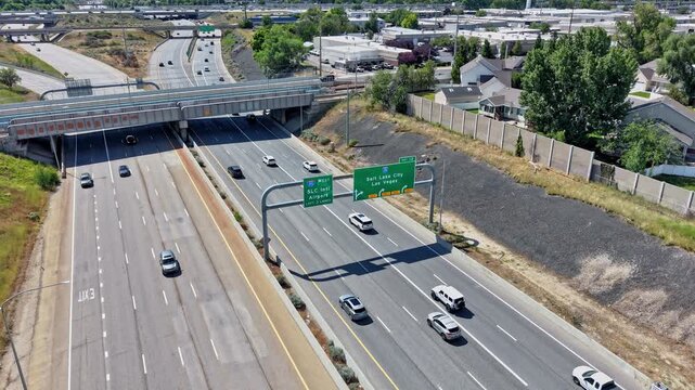 Aerial hyperlapse of traffic on I-15 and I-215 interstates in SLC