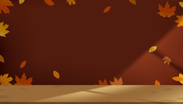 Autumn background scene sunlight with orange, yellow maple leaves frame on brown wall, top stage floor.Minimalist Natural seasonal interior home decor for fall season,Thanksgiving Holiday showroom