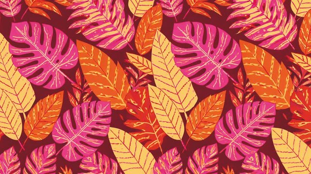 An abstract seamless tropical pattern background featuring bright pink monstera leaves, warm orange foliage, and yellow palm fronds for dynamic frame-by-frame motion animation.