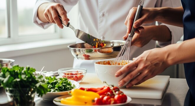 Chefs kitchen cooperation, close-up of chefs hands tossing salad and plating fresh vegetables in stainless bowls with herbs and peppers by window light,