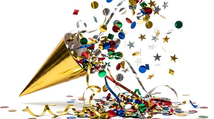 Naklejka premium Gold party horn popper exploding with colorful confetti and streamers
