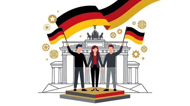 People celebrate german unity day with flags near a monument
