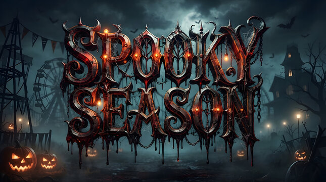 A dark and atmospheric halloween background featuring the text spooky season in a metallic gothic font with glowing lights and a haunted carnival theme