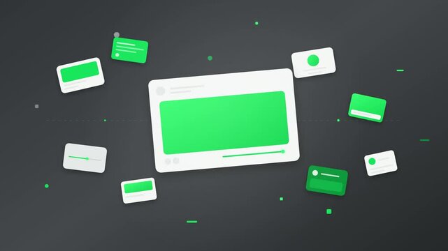 A futuristic HTML motion graphic showing a main social media card and several floating mini cards forming a dynamic 3D timeline against a sleek dark neutral background.
