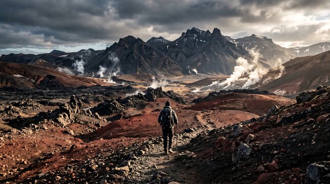 A lone hiker standing on a rugged mountain trail overlooking a steaming volcanic geothermal valley at sunset