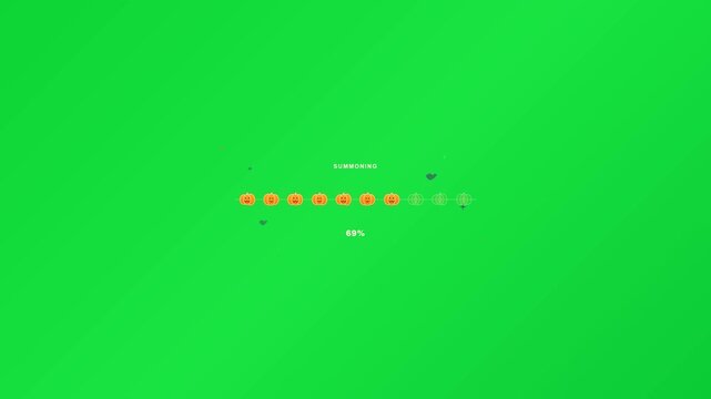 A modern, playful motion graphic featuring a horizontal loading system made of custom mini Halloween pumpkins with glowing active states on a vibrant clean green background.