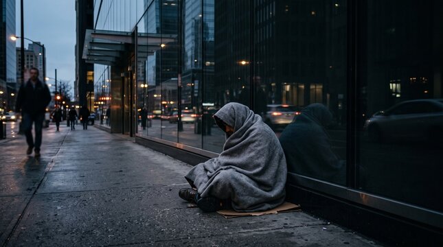 Homeless person wrapped in blanket sitting on cold city sidewalk at night, symbolizing urban poverty, homelessness, social issue, and economic hardship
