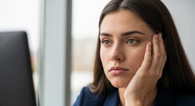 Colleague looking bored with hand on cheek, distant gaze at laptop during office meeting, colleague looking bored in modern corporate workspace,