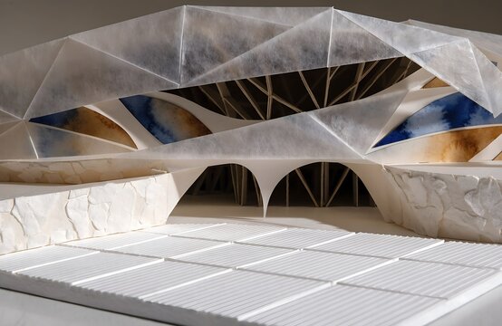 Modern Parametric Architecture Scale Model With Translucent Origami Canopy