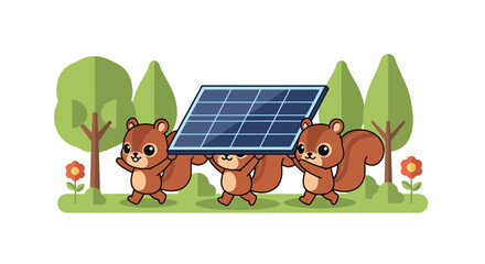 Fototapeta premium Three cute cartoon squirrels carrying a solar panel through a grassy field with trees and flowers.