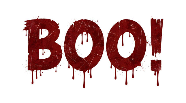 A scary text design featuring the word boo written in a dark red bloody font style isolated on a plain white background for halloween