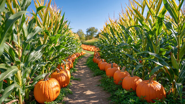 Inviting autumn farm attraction with a narrow dirt path winding between tall corn maze walls toward a sunny pumpkin patch, vivid orange pumpkins scattered beside the trail, golden corn leaves illumi