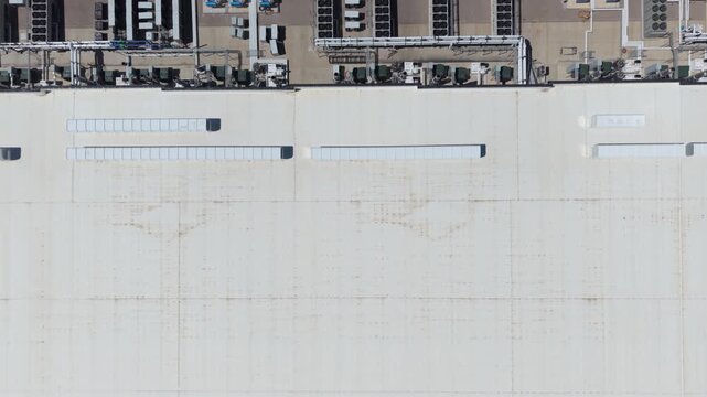 Aerial top down view of industrial data center cooling systems