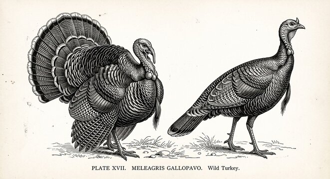 Vintage black and white illustration of two turkeys standing together for a traditional thanksgiving holiday celebration design project