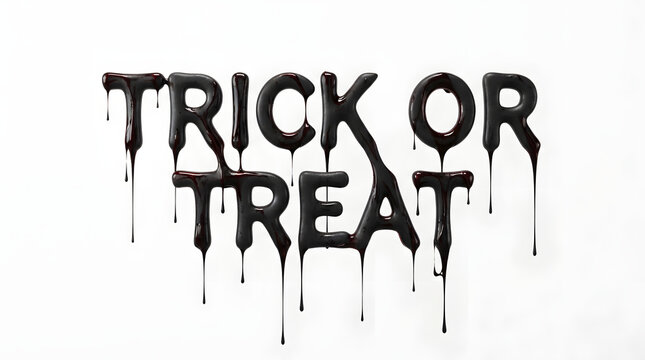 A spooky halloween graphic featuring the words trick or treat written in a dark black dripping font isolated on a plain white background