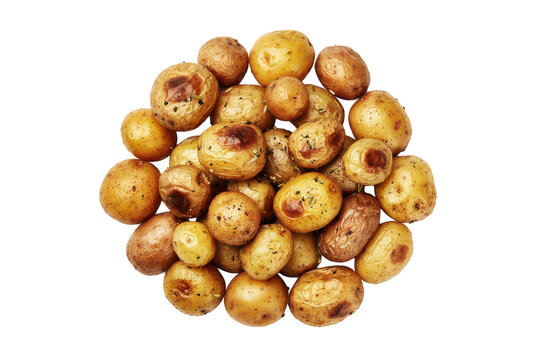 A pile of roasted baby potatoes with herbs and golden brown skin texture isolated on a transparent background