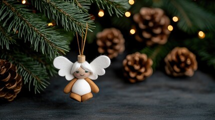 Fototapeta premium A charming wool angel ornament gracefully adorns a Christmas tree, radiating warmth and joy in soft natural lighting