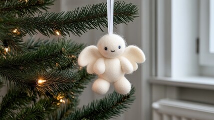 Fototapeta premium A charming wool angel ornament gracefully adorns a Christmas tree, radiating warmth and joy in soft natural lighting