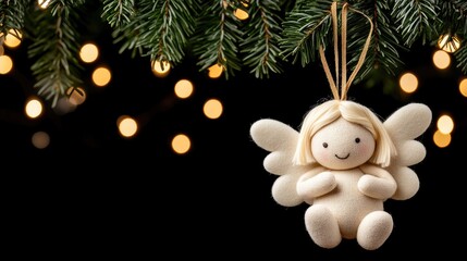 Fototapeta premium A charming wool angel ornament gracefully adorns a Christmas tree, radiating warmth and joy in soft natural lighting