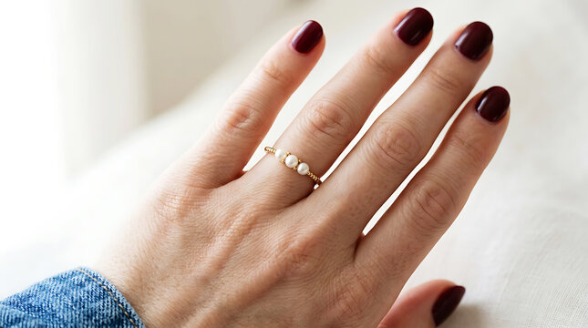 Gold ring with three small pearls on a woman's finger, dark red nails