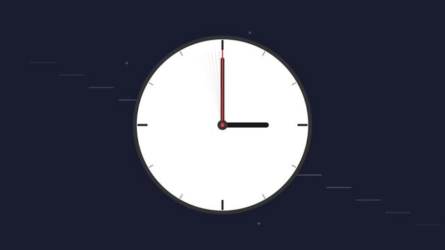 Dynamic graphic of a white clock with red hands at three o'clock, on a subtly moving dark background, symbolizing time management, deadlines, and progress
