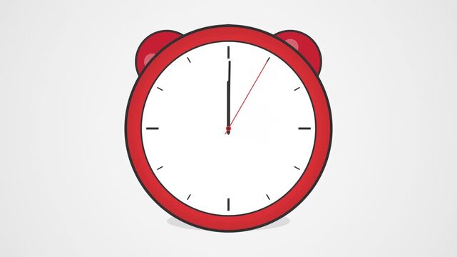 Red analog alarm clock motion render graphic showing noon time with twin bells for wake up schedule and 1788519994241 sequence stylized icon