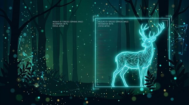 Futuristic Holographic Deer Glowing in a Mystical Dark Forest with Digital Scanning Interface and Cyan Light Particles