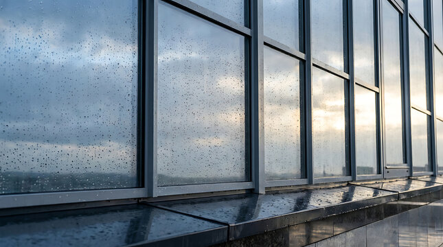 Raindrops on office building glass windows with reflection of cloudy sky and bright sunset light