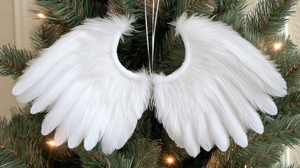 Fototapeta premium Delicate white feather angel wings gracefully dangling from a tree as a charming Christmas ornament adding magic to the holiday season