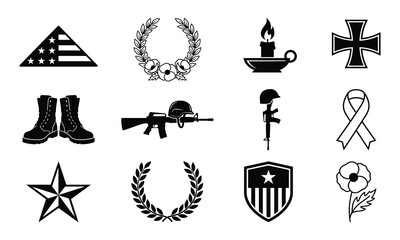 Fototapeta premium Memorial Day and Veteran Remembrance Silhouette Icon Set