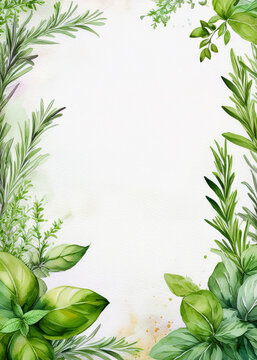 Watercolor culinary herbs border with rosemary and basil with copy space.