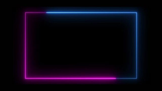 Rectangle picture frame with two tone neon color motion graphic on isolated black background. Blue and pink light moveing for overlay element. Motion graphics of neon rectangle