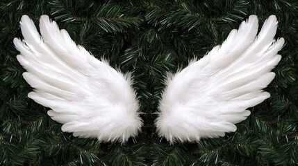 Fototapeta premium Delicate white feathered angel wings grace an evergreen tree as a charming holiday ornament in a festive setting